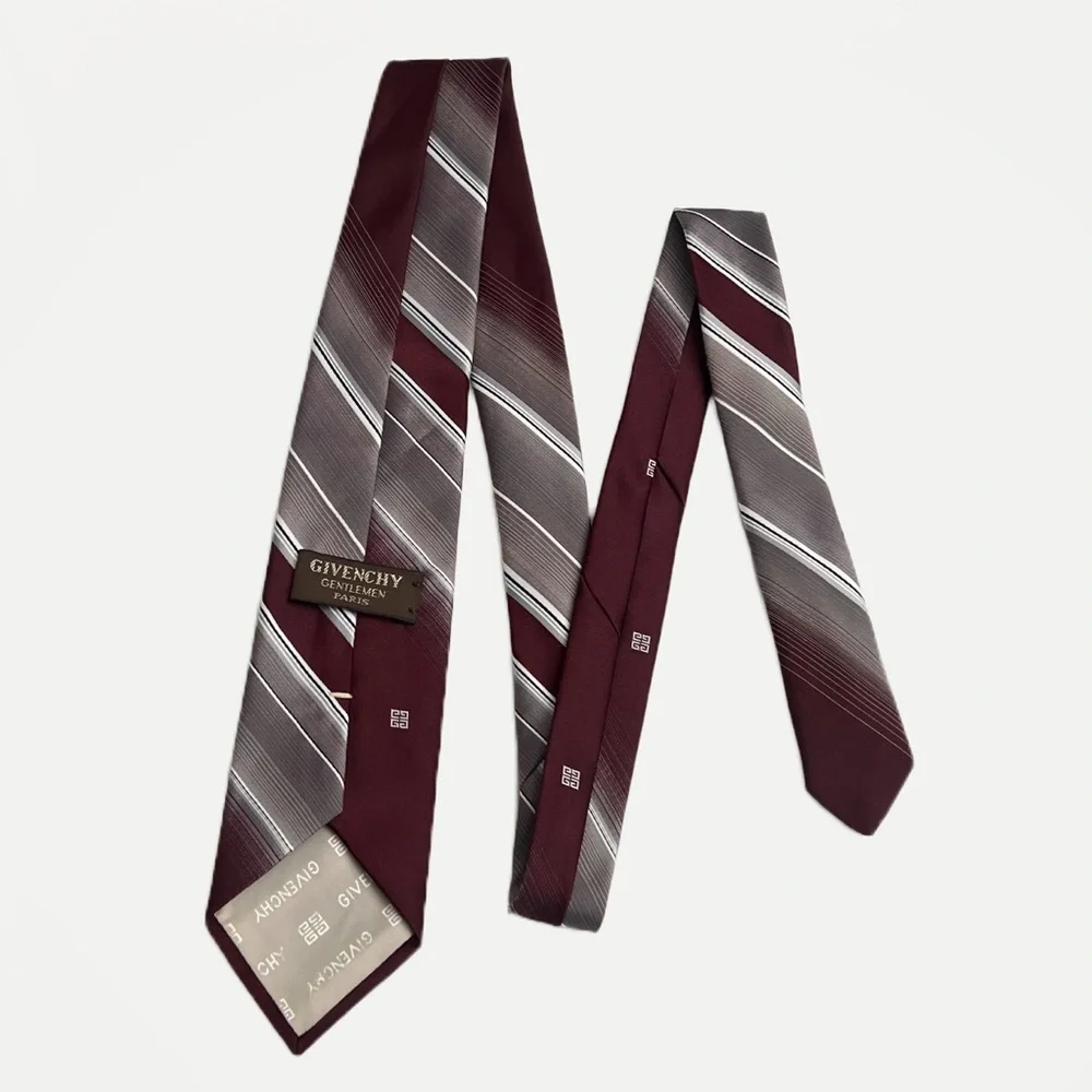 Givenchy Poly-Silk Designer Tie Burgundy Striped‎ Vintage Luxury Retro Necktie